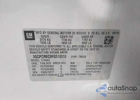 2015 Chevrolet Silverado 1500 1Lt z USA, uszkodzony, nr VIN 3GCPCREC8FG510310